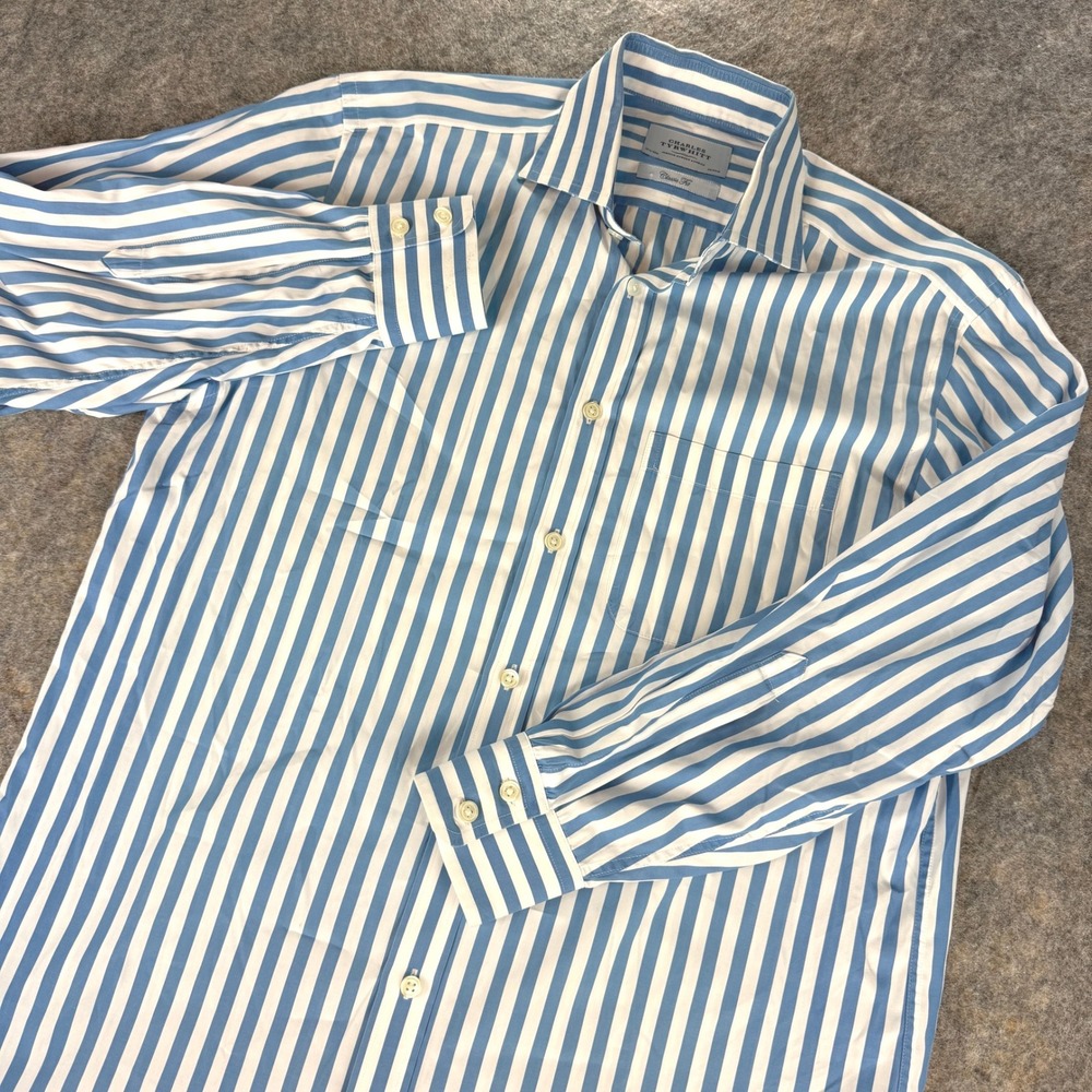 Charles Tyrwhitt Dress Shirt Men 15.5/32 Blue White Striped Classic Fit Pocket